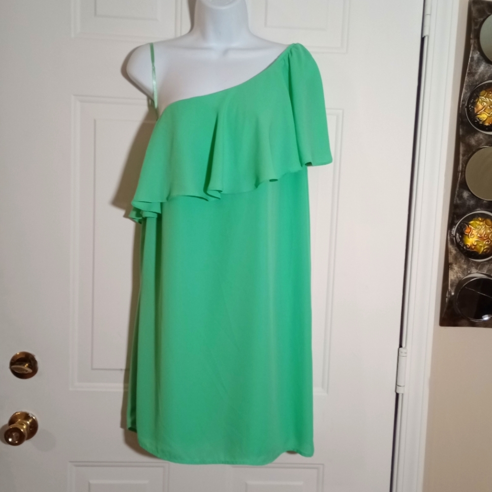 Naked Zebra Green One Shoulder Ruffle Dress. Size L